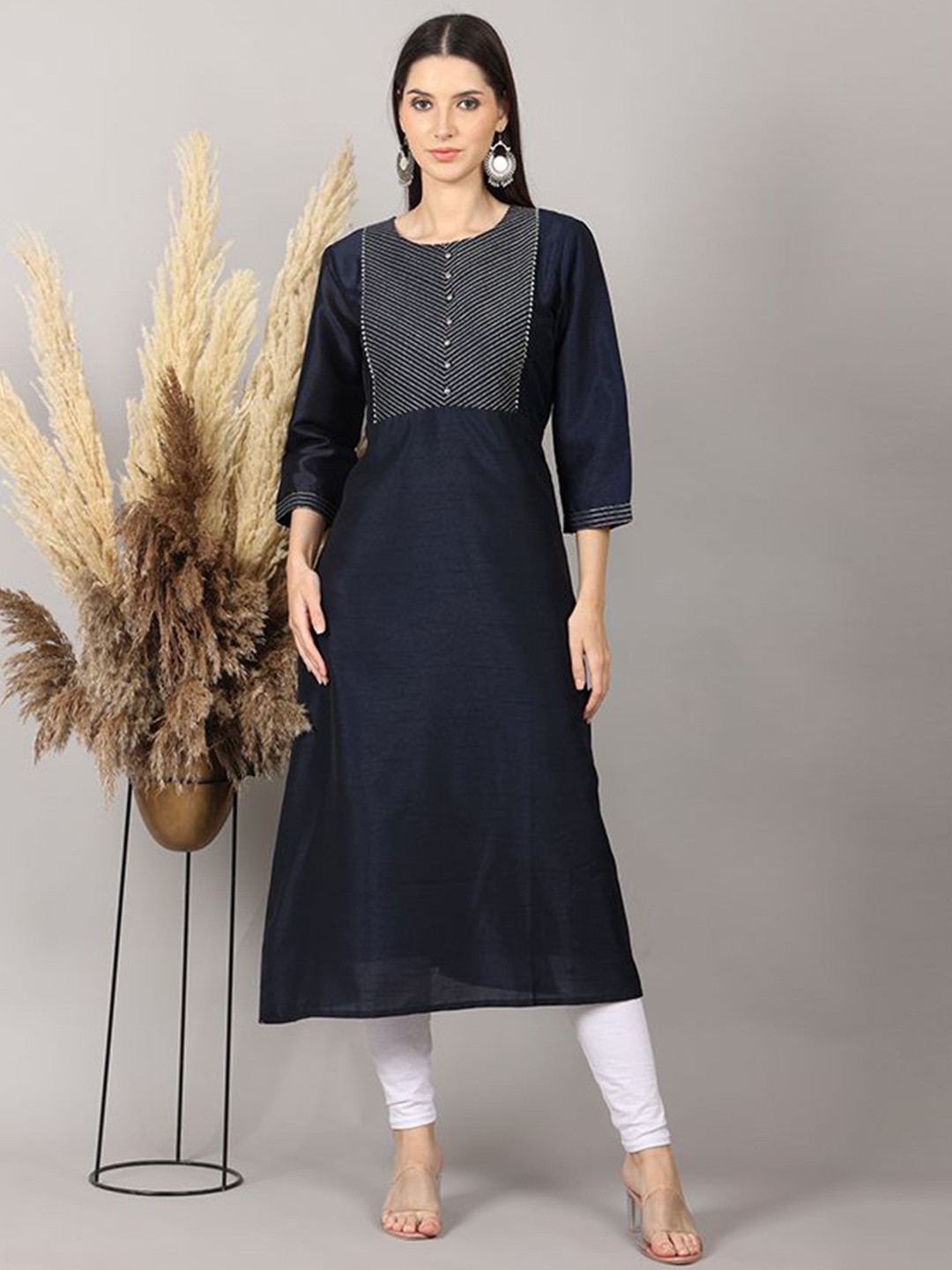 

Krimmple Women Ethnic Motifs Embroidered A-Line Kurta, Navy blue