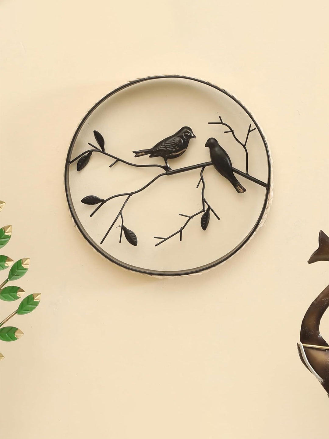 

vedas Mystic Indiana Beige & Black Loving Bird With Rattan Wall Hanging Decor