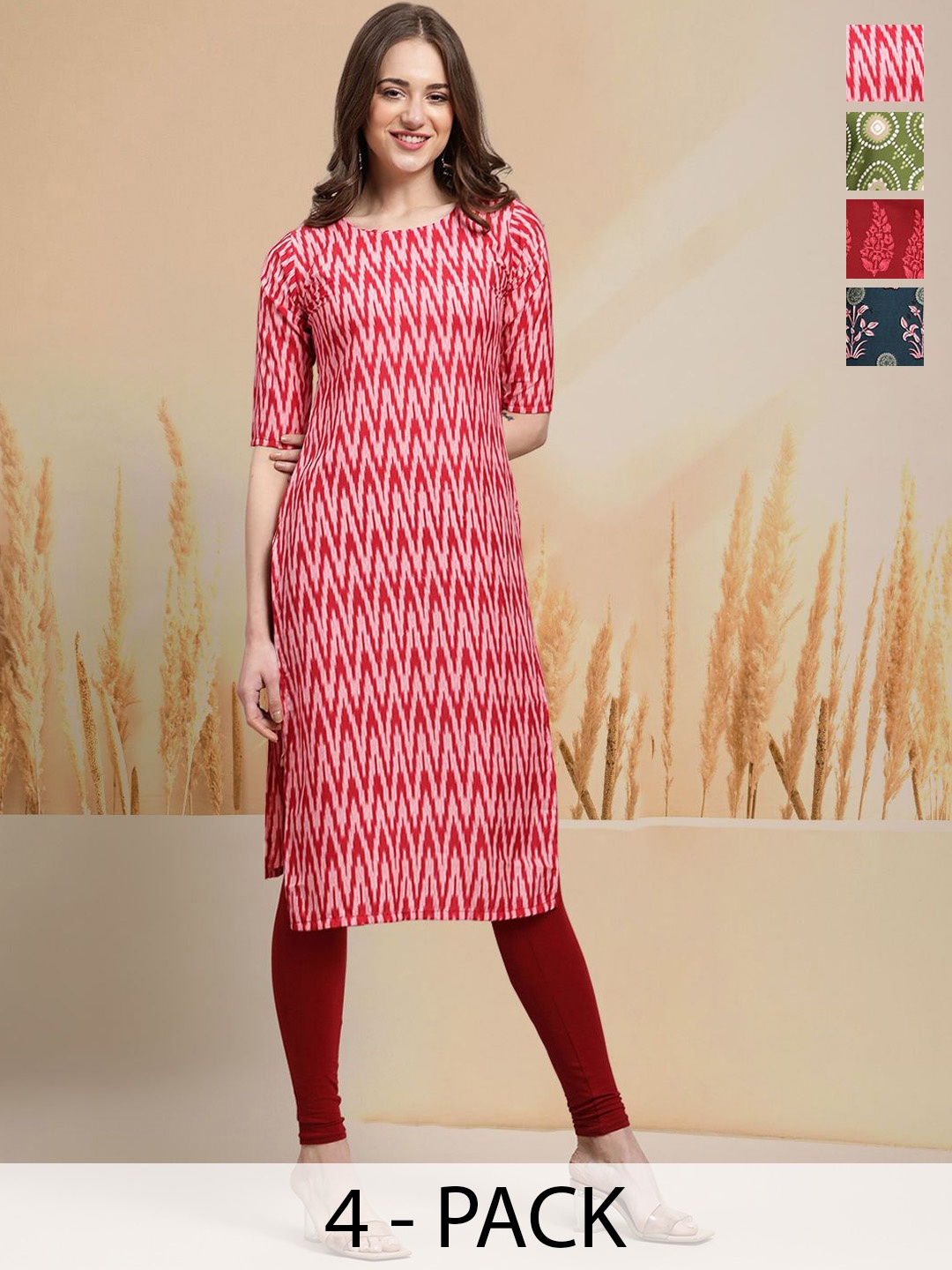 

7Threads Selection Of 4 Chevron Printed Round Neck Straight Kurtas, Red