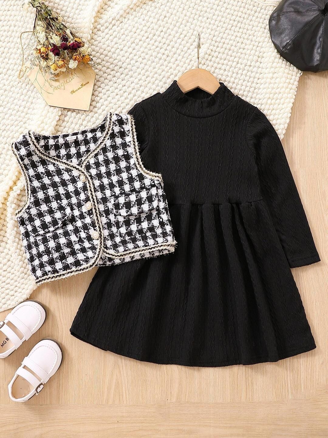 

YK Checked Fit & Flare Dress, Black