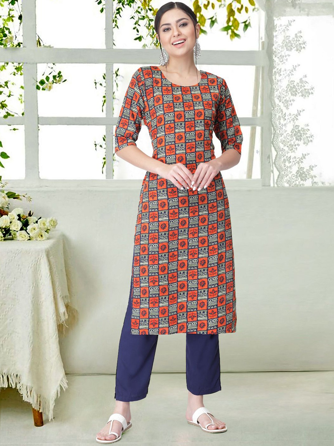 

7Threads Ethnic Motifs Printed Round Neck Straight Kurta With Trousers, Orange