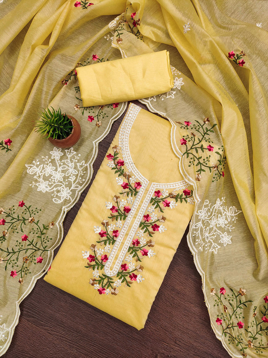 

KALINI Floral Embroidered Chanderi Cotton Unstitched Dress Material, Yellow