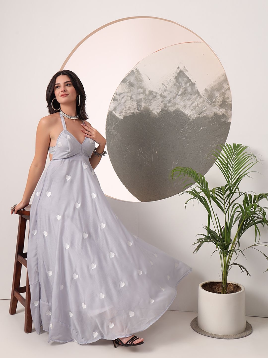 

Mitera Women Embroidered Halter Neck Maxi Dress, Silver