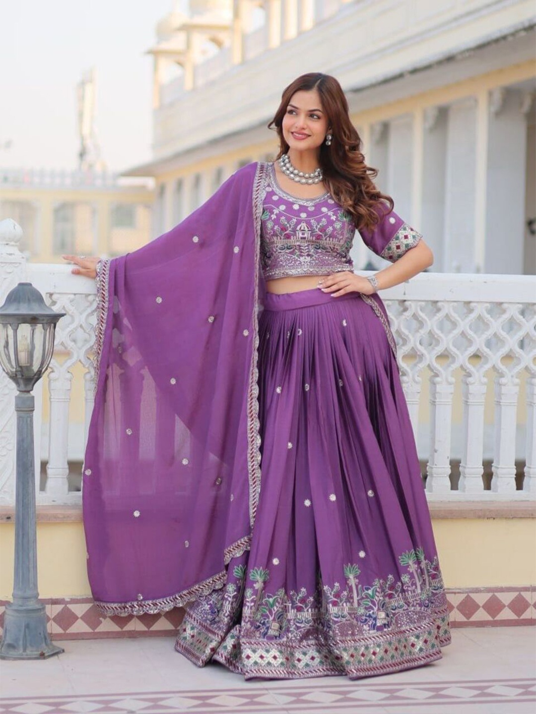 

KALINI Embroidered Ready to Wear Lehenga & Unstitched Blouse With Dupatta, Purple