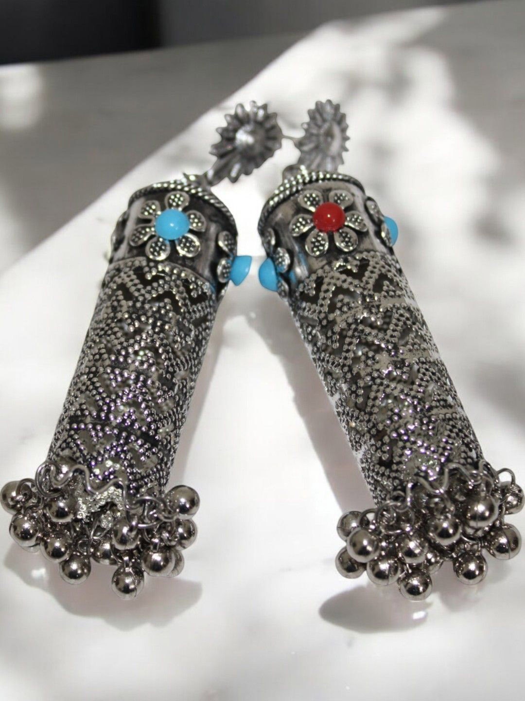 

Jolly Faces Artificial Stones Studded Contemporary Shaped Drop Earrings, Silver