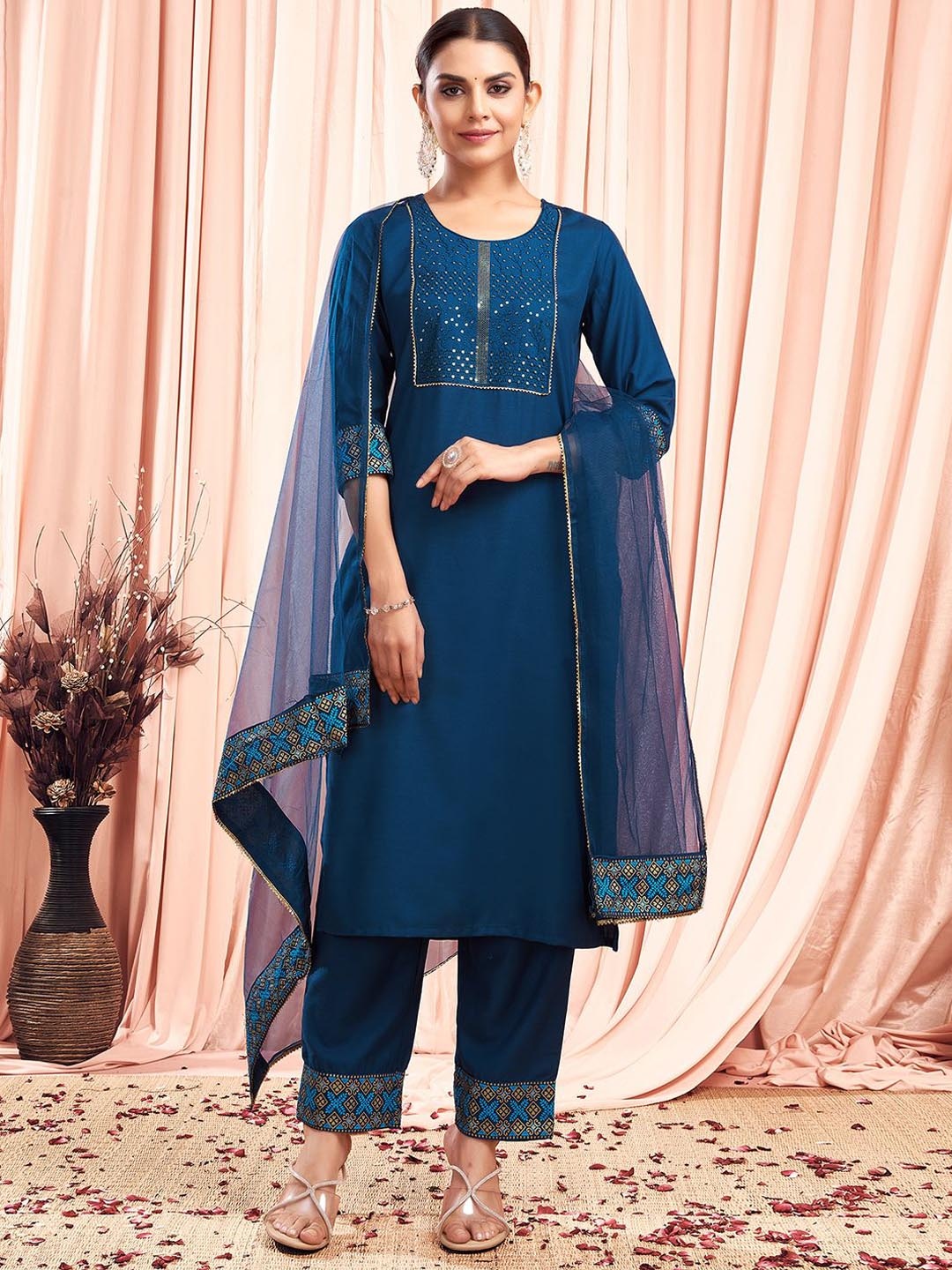 

KALINI Floral Embroidered Cotton Blend Straight Kurta With Trousers And Dupatta, Blue