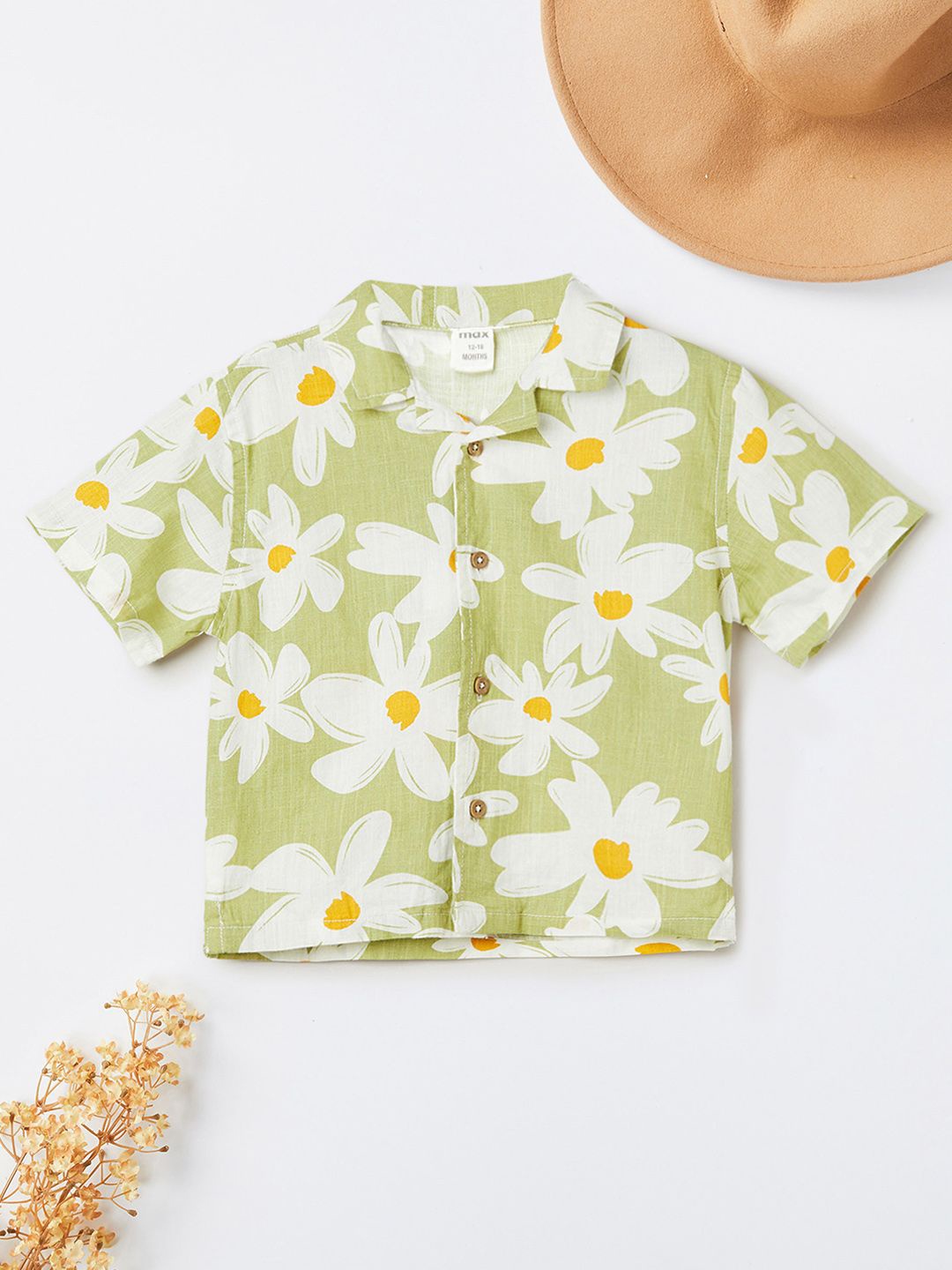 

max Boys Cuban Collar Floral Printed Cotton Casual Shirt, Green