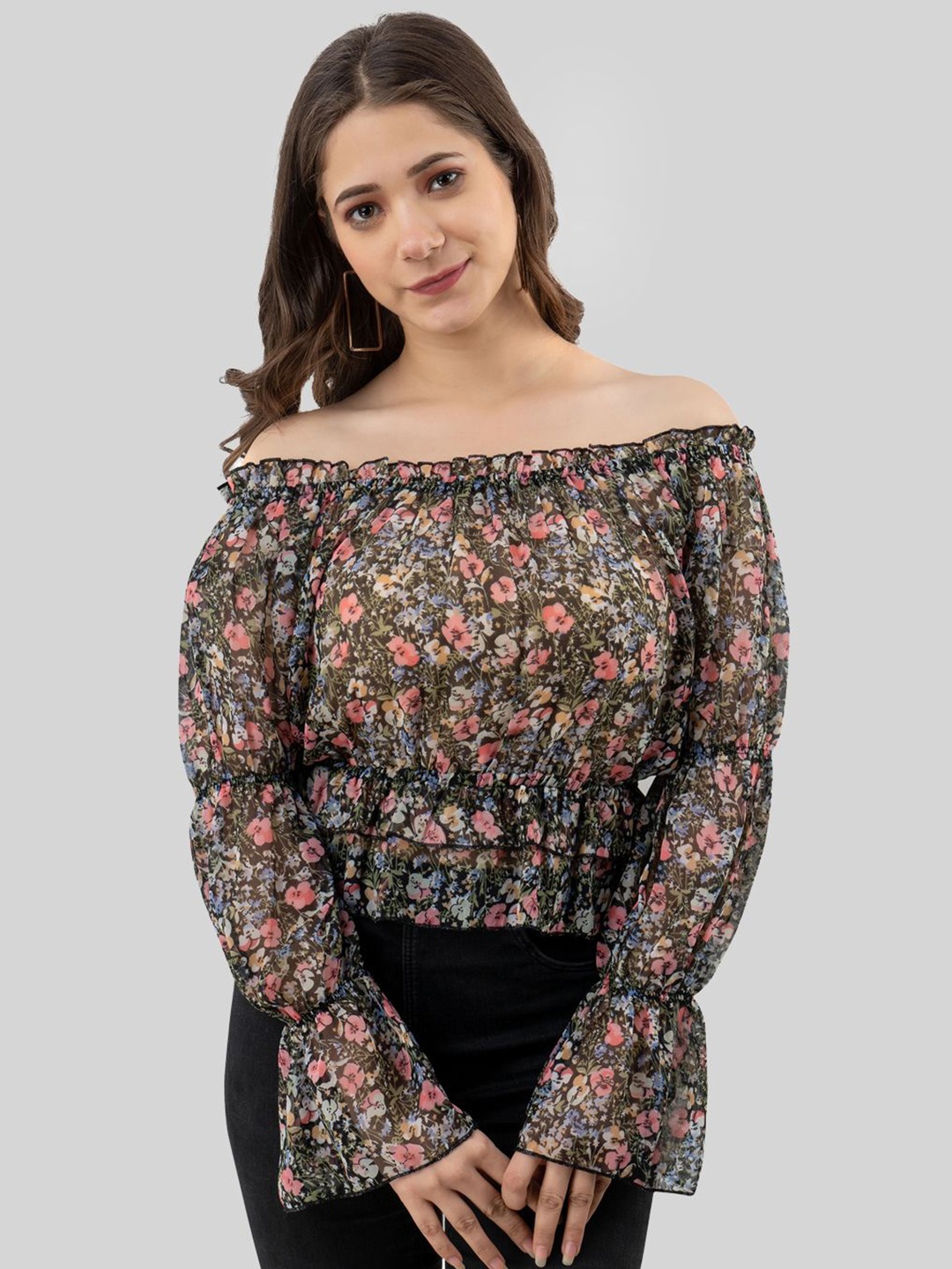 

DressBerry Floral Printed Off-Shoulder Puff Sleeve Bardot Top, Green