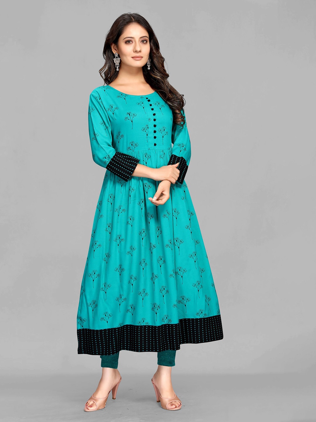 

Krimmple Women Floral Printed Round Neck Anarkali Kurta, Green
