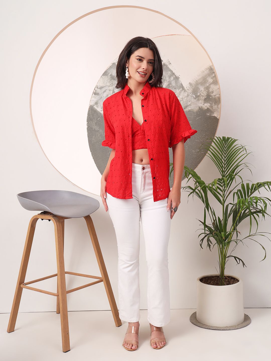 

PRENEA Women Standard Textured Self Design Cotton Casual Shirt With Hakoba Bra, Red