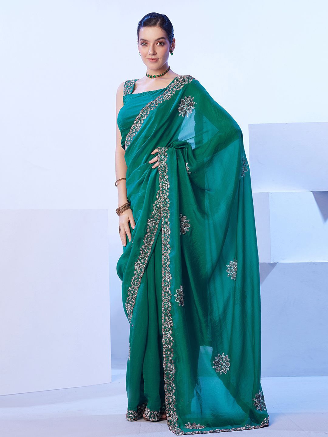

Mitera Floral Beads and Stones Embroidered Satin Saree, Green