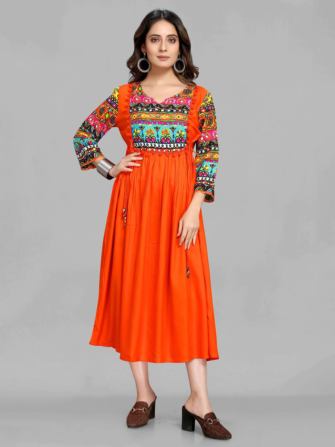 

Krimmple Women Floral Printed Fit & Flare Midi Dress, Orange