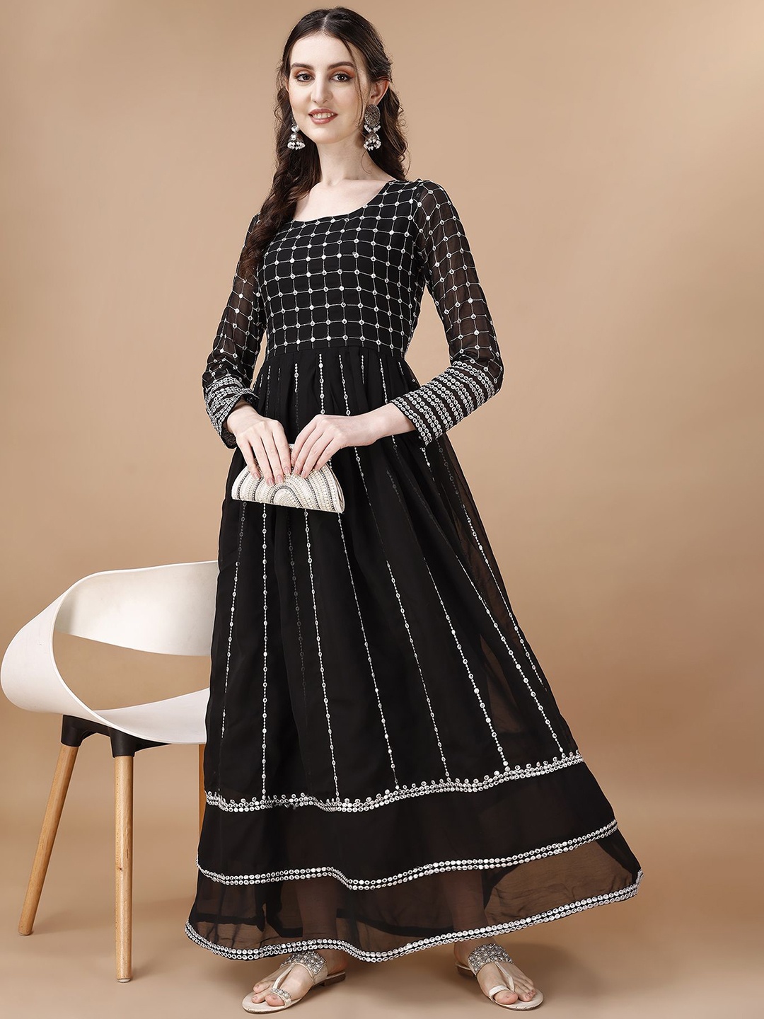 

Kedar Fab Geometric Mirror Work Round Neck Georgette Anarkali Kurta, Black