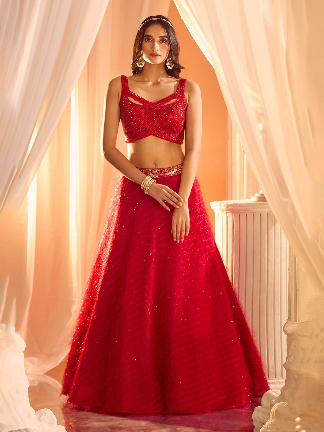 

Alaya Advani Embellished Sequinned Ready to Wear Lehenga & Blouse, Red