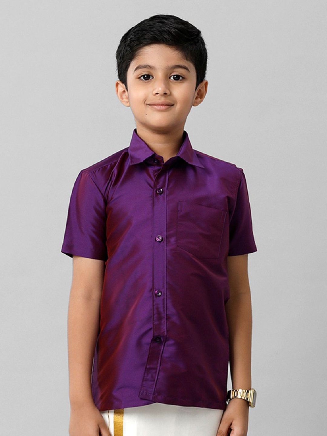 

Ramraj Boys Solid Short Sleeve Shirt With Chest Pocket, Violet