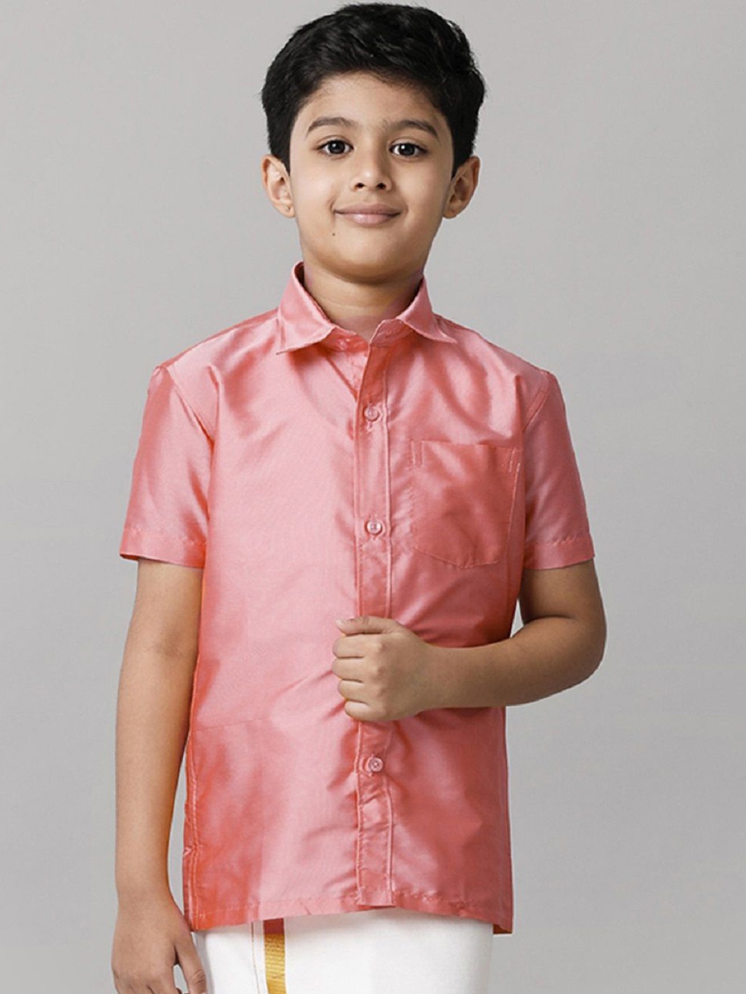 

Ramraj Boys Solid Short Sleeve Shirt With Chest Pocket, Pink