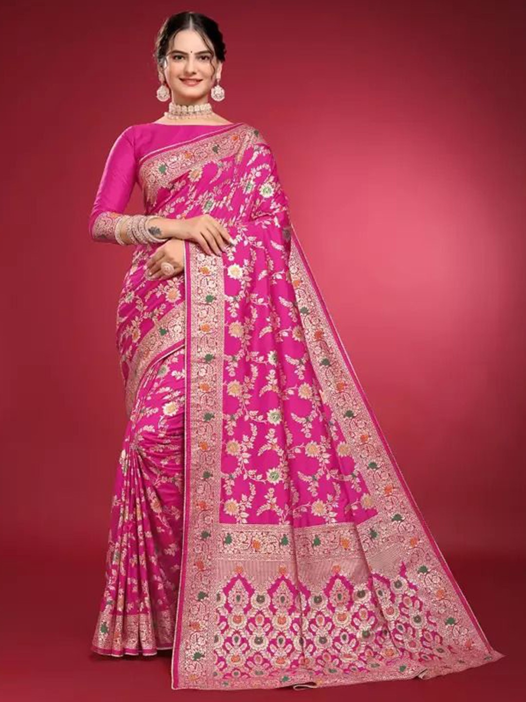

Florence Ethnic Motifs Zari Pure Silk Kanjeevaram Saree, Pink