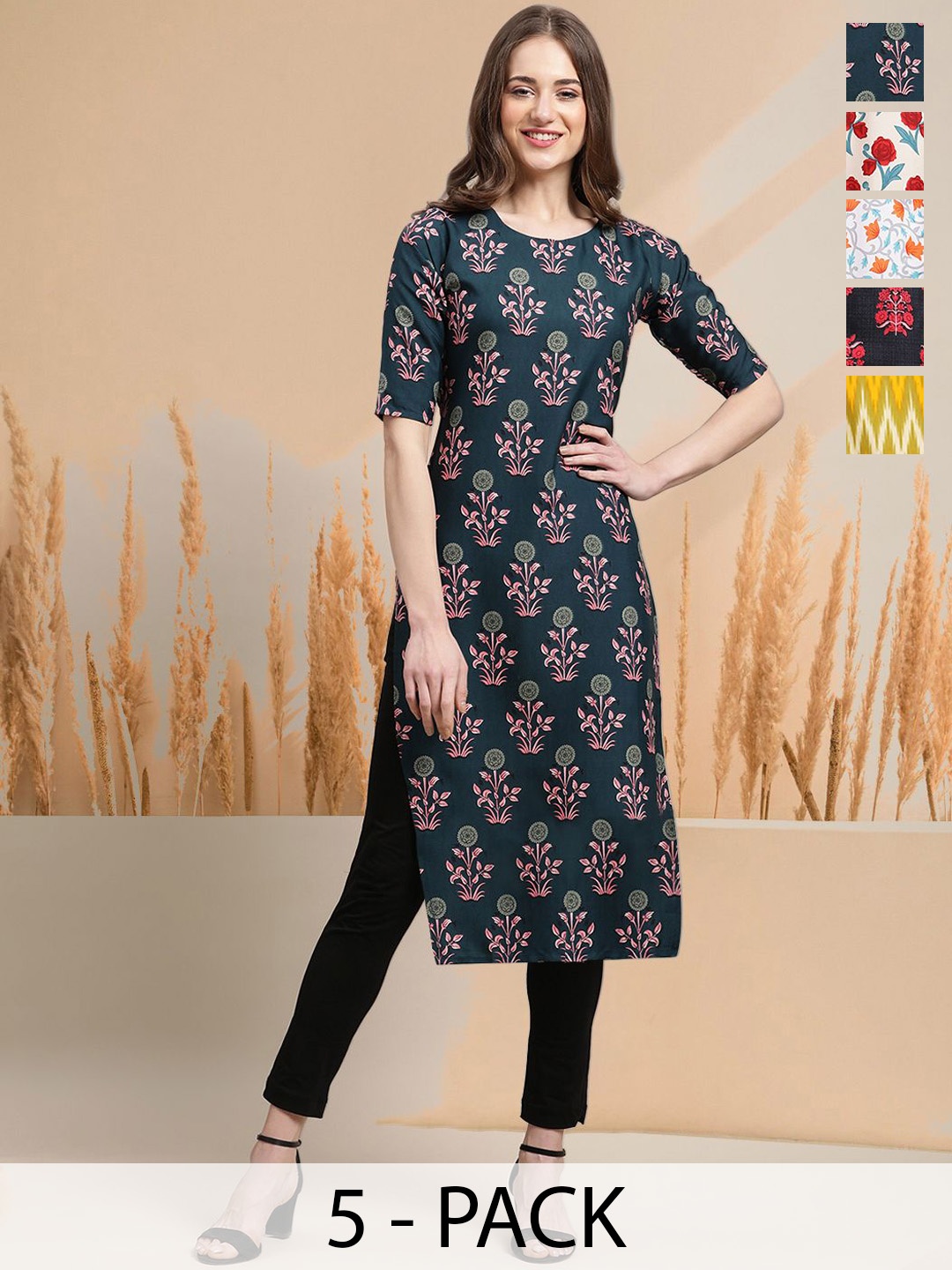 

7Threads Selection Of 5 Floral Printed Round Neck Straight Kurtas, Navy blue