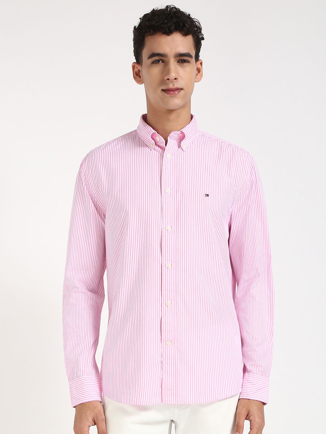 

Tommy Hilfiger Men Button-Down Collar Vertical Striped Cotton Casual Shirt, Pink