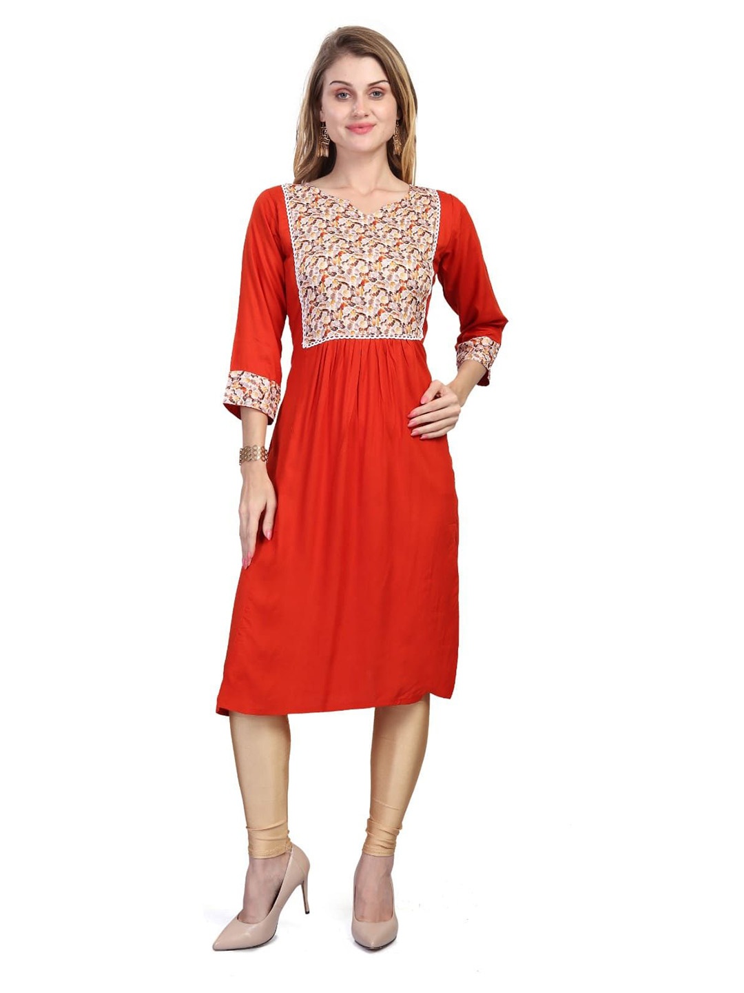 

Krimmple Women Printed V-Neck Kurta, Orange