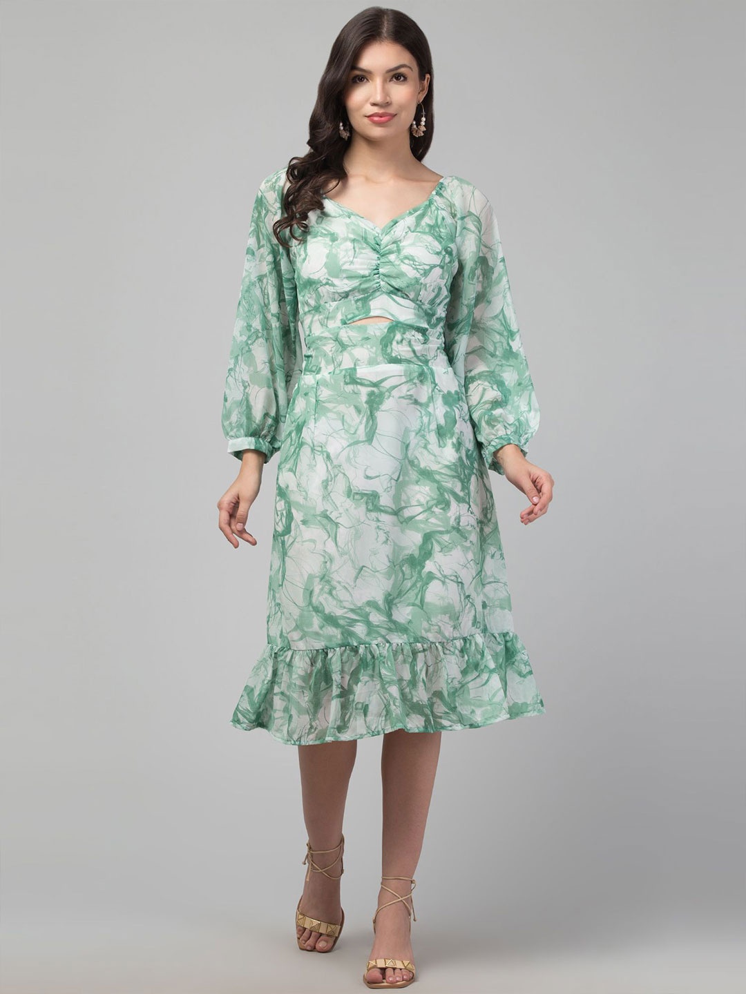 

My Swag Women V-Neck Floral Printed Smocked Cut-Outs A-Line Midi Dress, Green