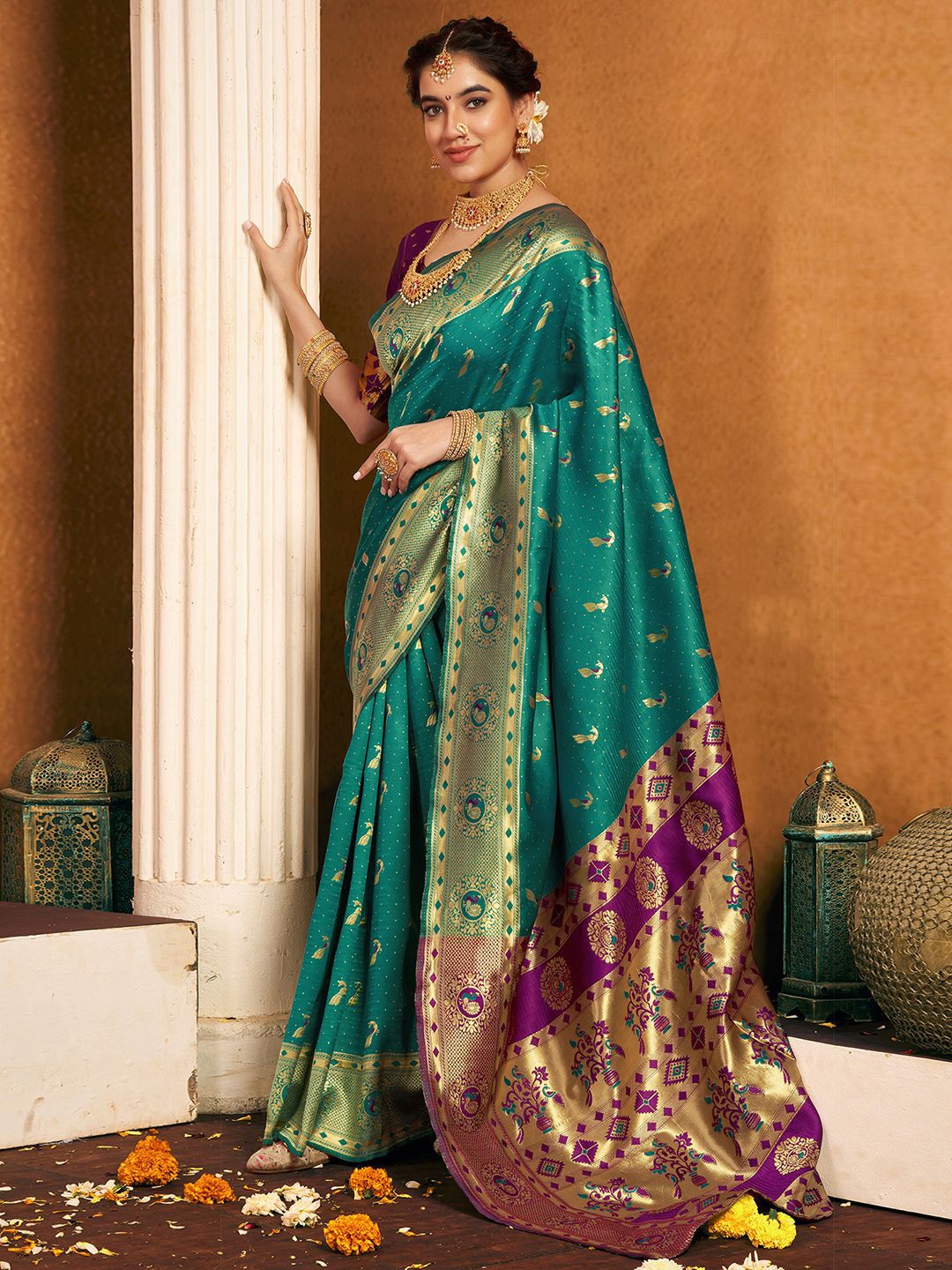 

KALINI Woven Design Zari Paithani Saree, Green