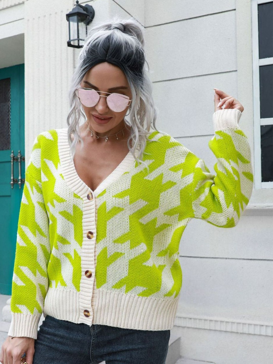 

Oh Rare Women Abstract Printed Cardigan, Lime green