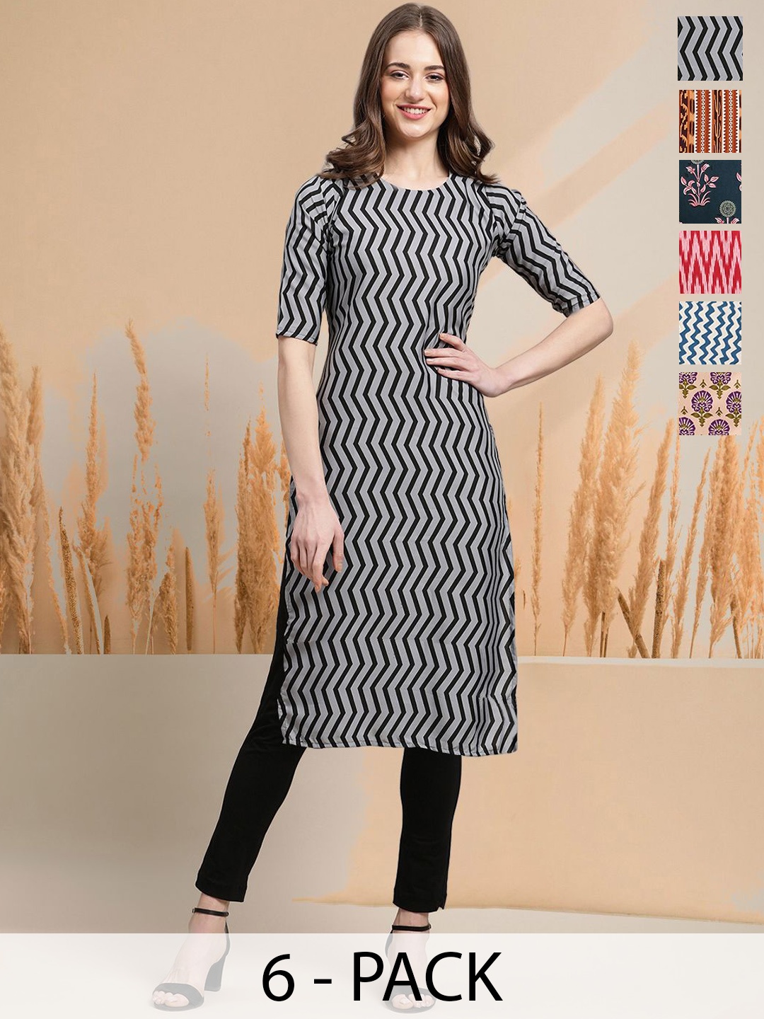 

7Threads Selection Of 6 Chevron Printed Round Neck Straight Kurtas, Grey
