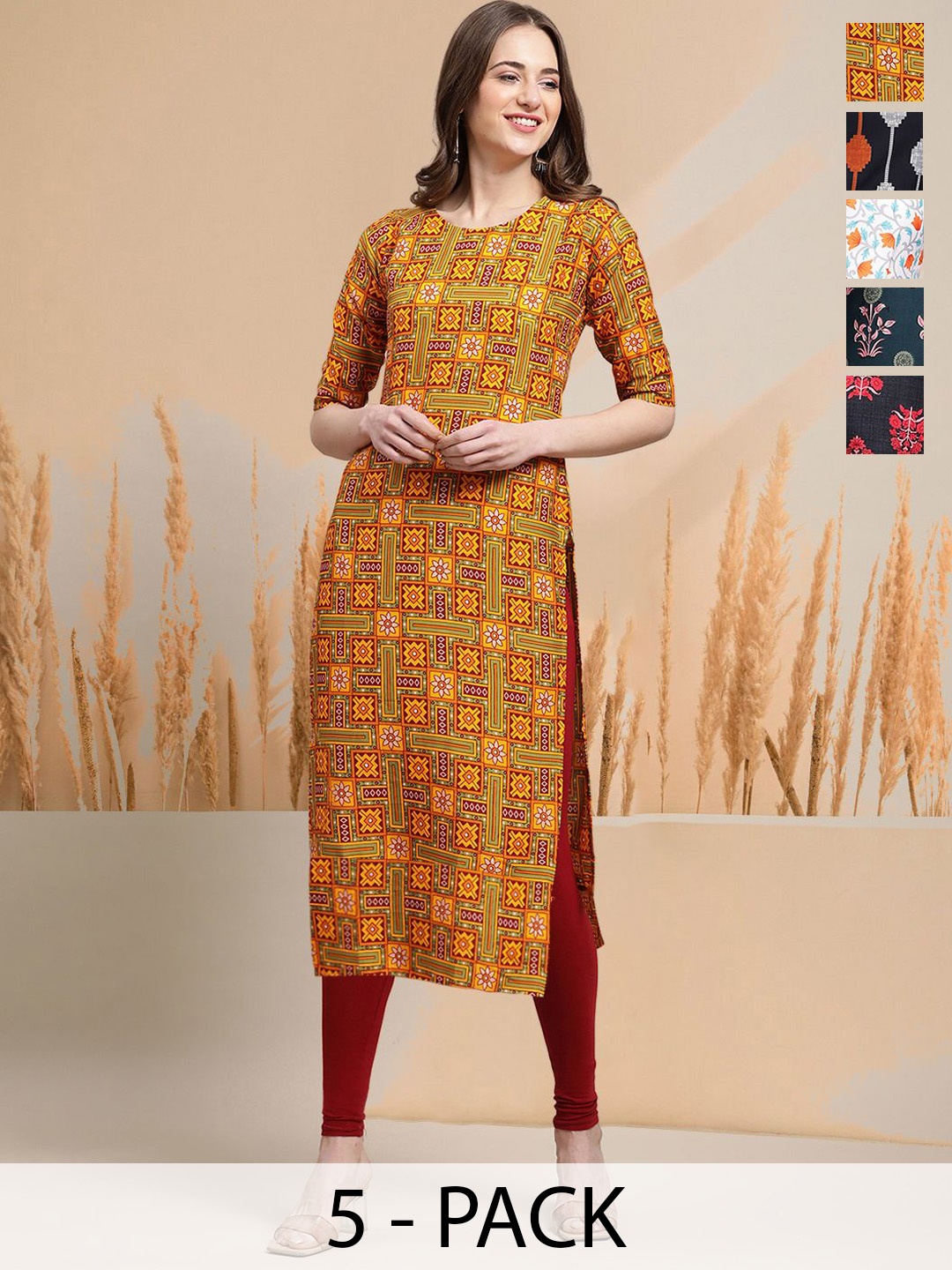 

7Threads Selection Of 5 Ethnic Motifs Printed Round Neck Straight Kurtas, Red
