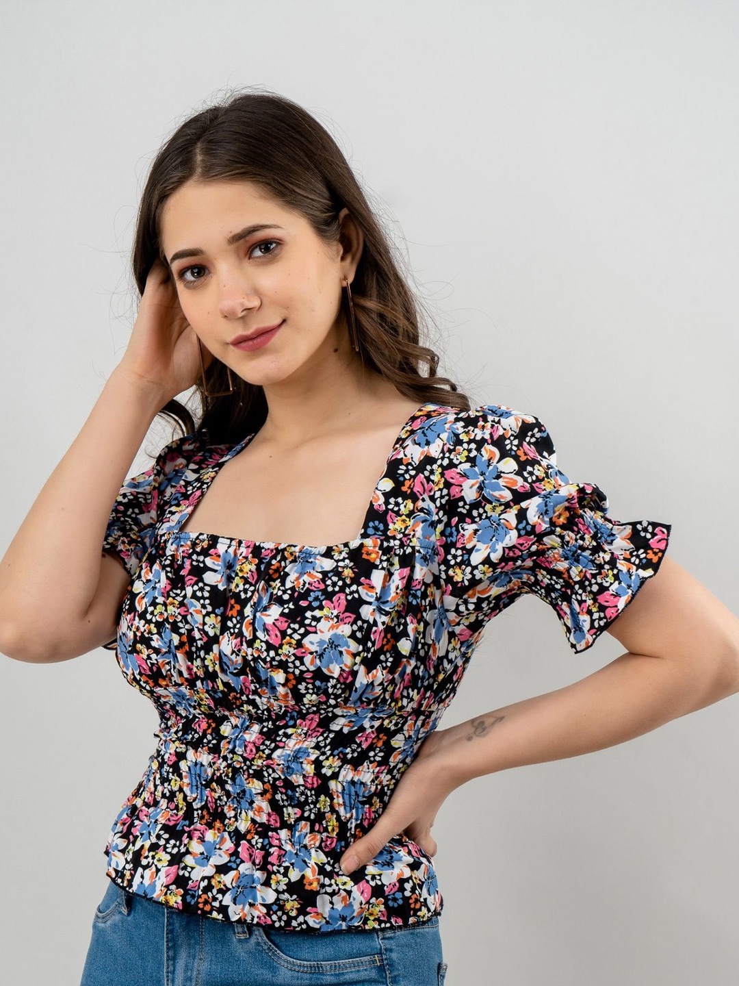 

DressBerry Women Square Neck Floral Printed Chiffon Top, Black