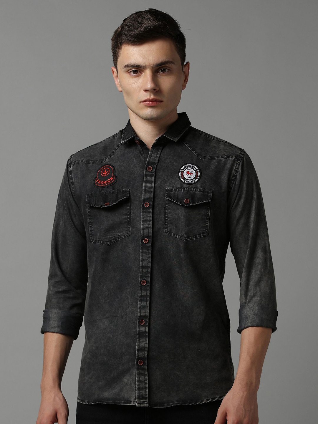 

WOXEN Men Original Fit Spread Collar Solid Cotton Casual Shirt, Charcoal