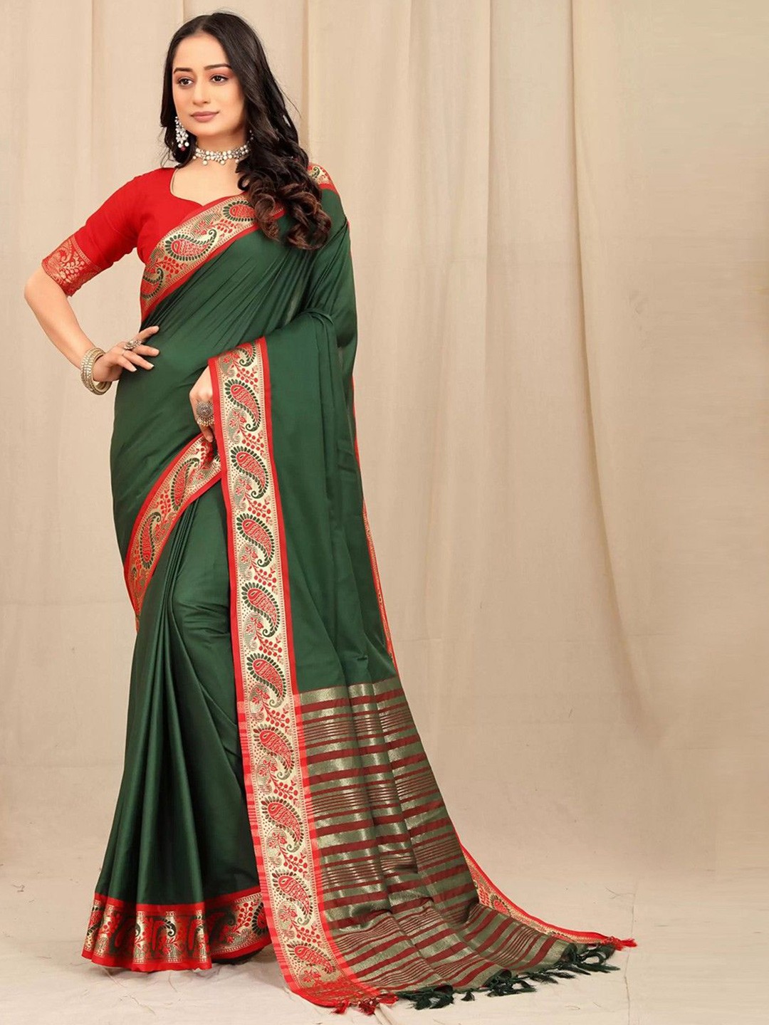 

A TO Z CART Ethnic Motifs Zari Saree, Green