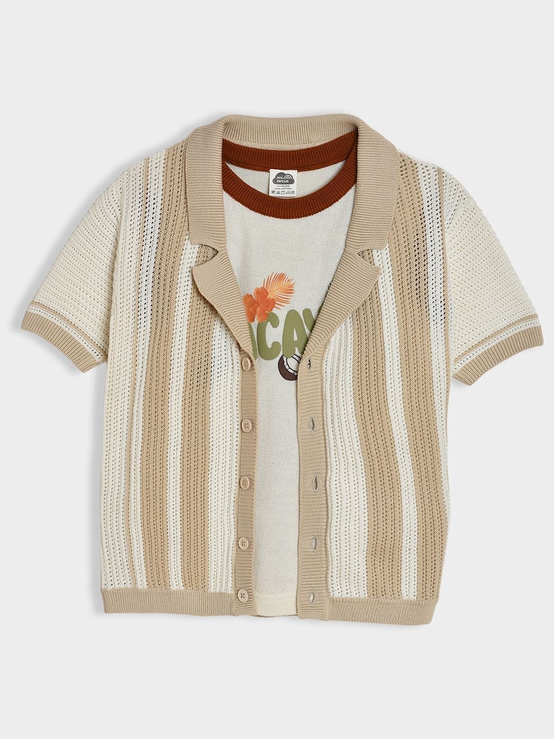 

MiArcus Boys Striped Crochet Shirt & Printed T-Shirt Cotton Set, Cream