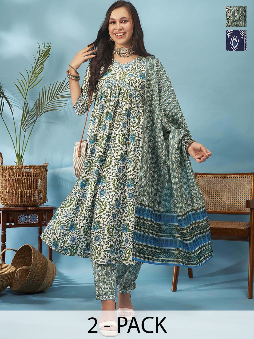

Anouk Rustic Selection of 2 Floral Printed V-Neck Anarkali Kurta With Trousers And Dupatta, Green