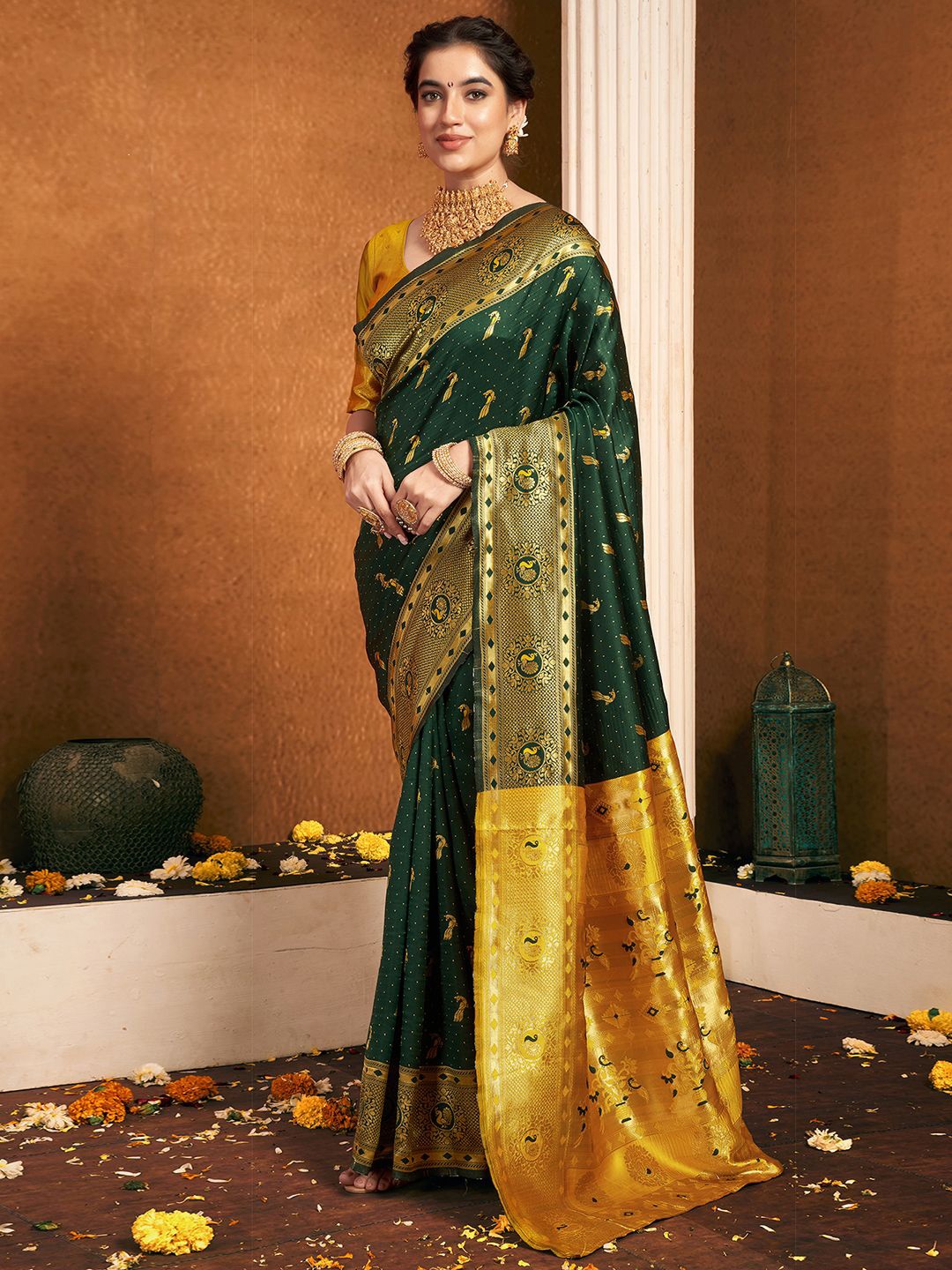 

KALINI Ethnic Motifs Zari Paithani Saree, Green