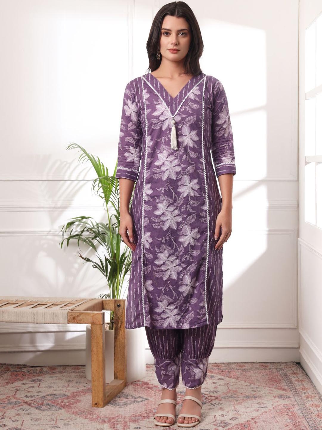 

VIVARAA FASHION Floral Printed V-Neck Pure Cotton Kurta With Salwar, Purple