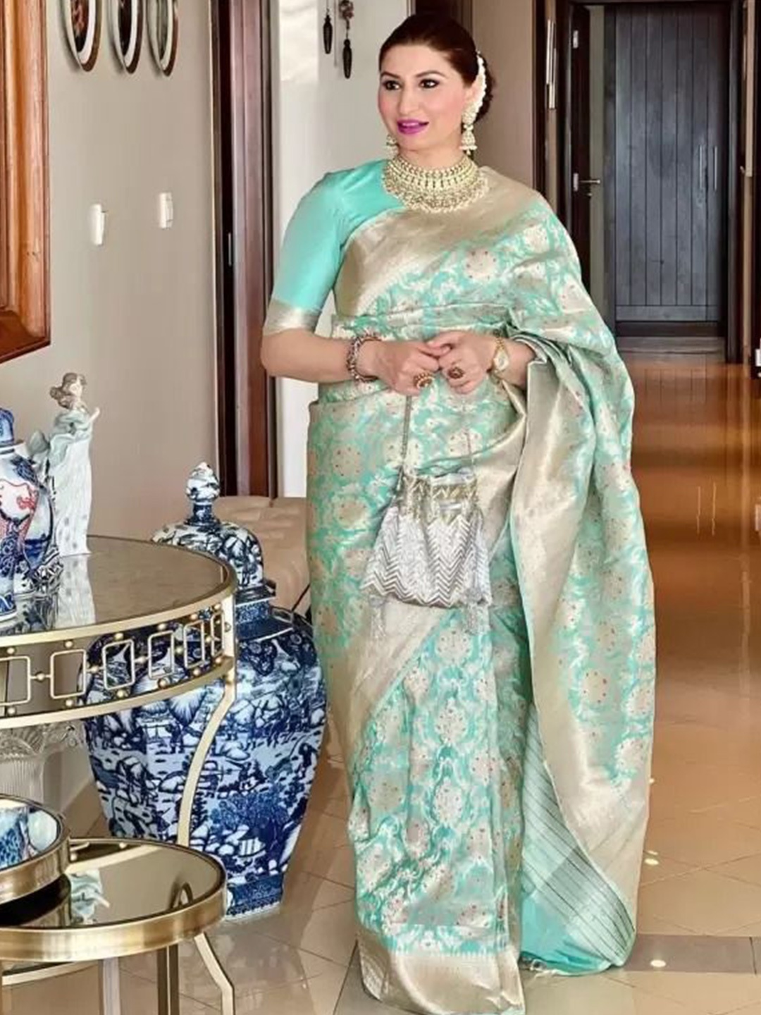 

Florence Woven Design Zari Pure Silk Kanjeevaram Saree, Green