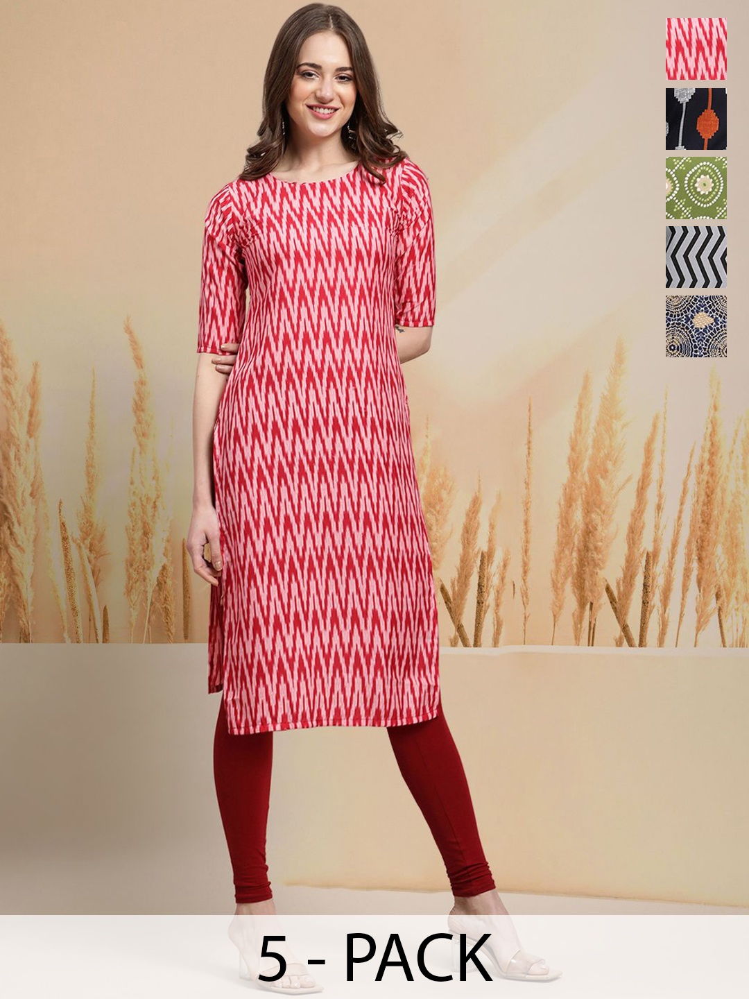

7Threads Selection of 5 Ethnic Motifs Printed Round Neck Straight Kurtas, Red