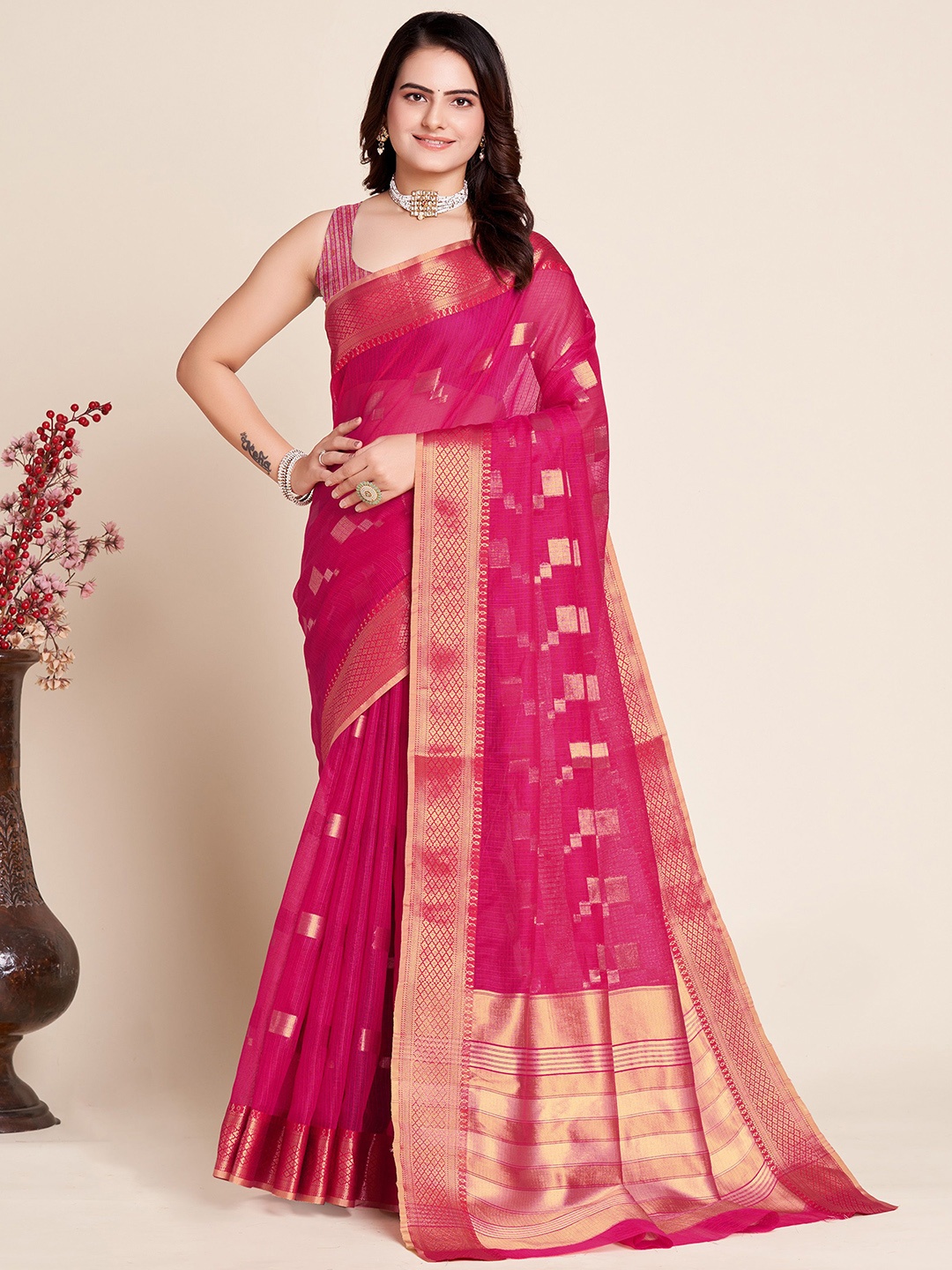 

Upalksh Ethnic Motifs Zari Pure Cotton Banarasi Saree, Pink