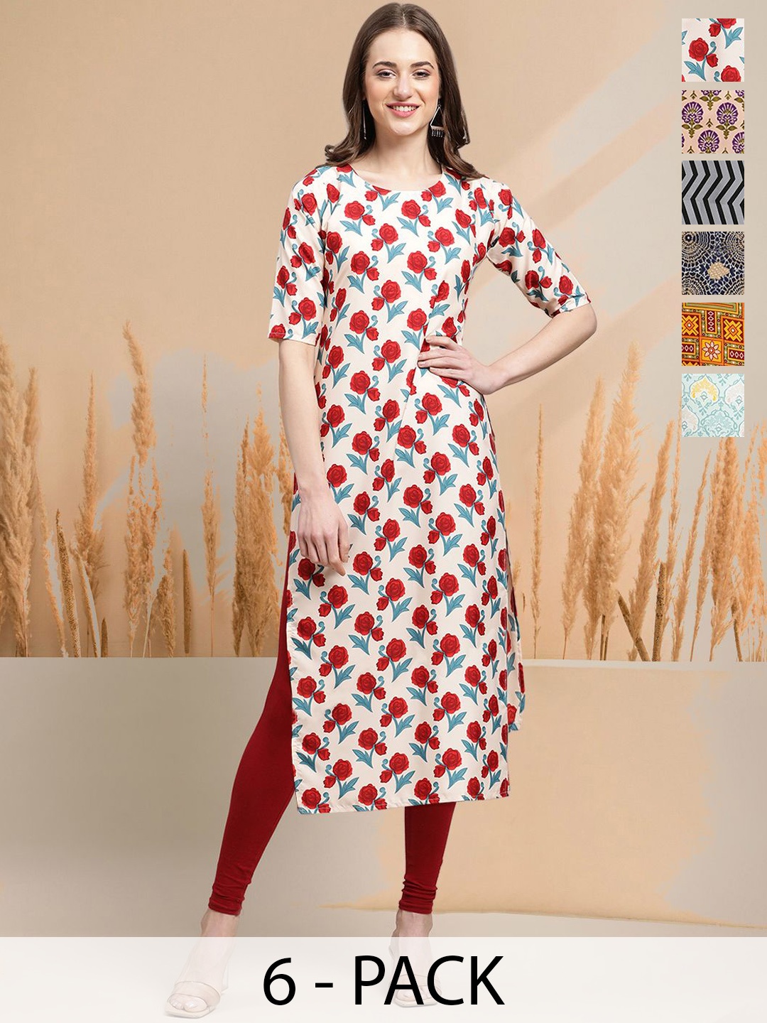 

7Threads Selection Of 6 Floral Printed Round Neck Straight Kurtas, Cream