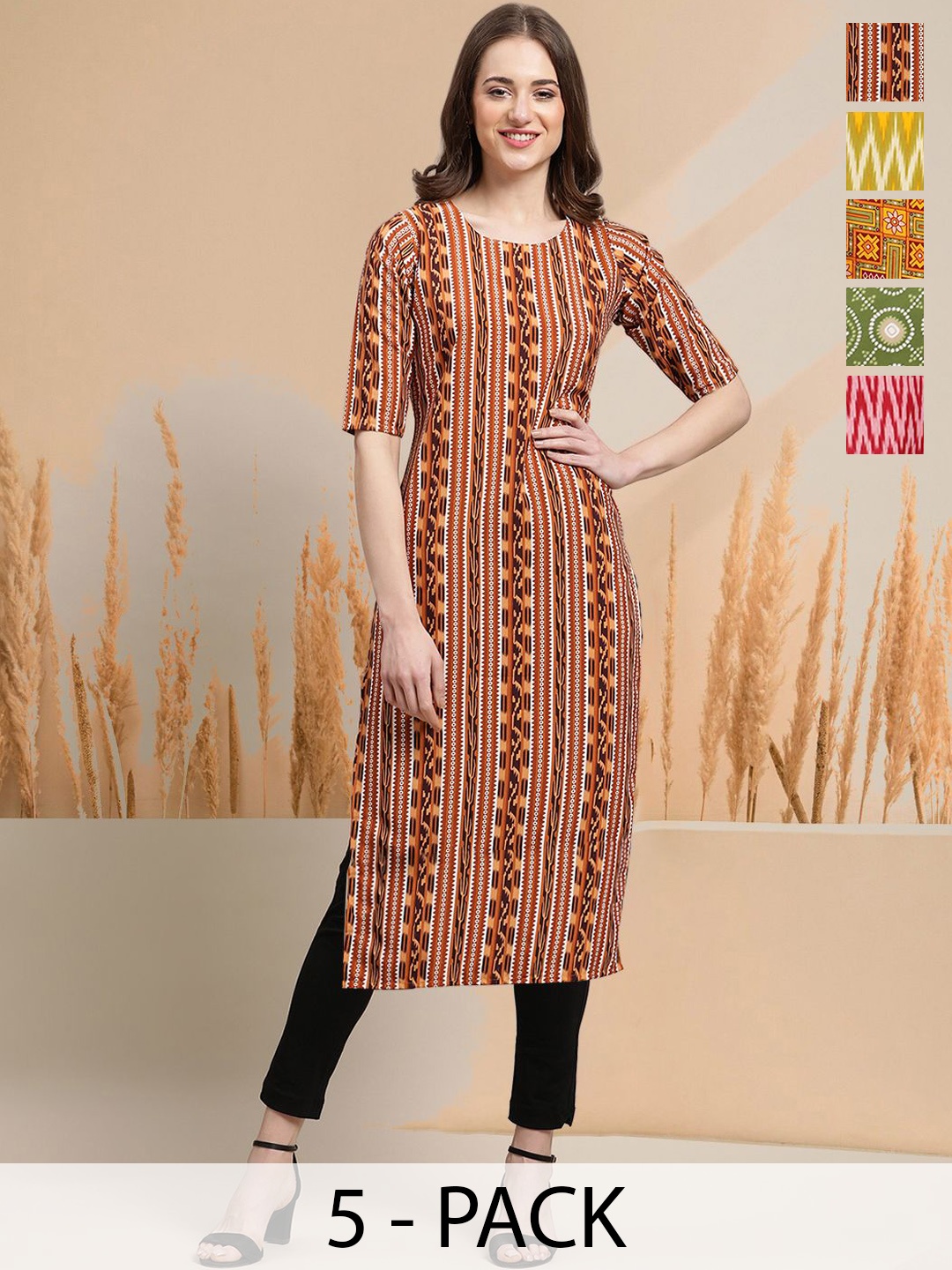 

7Threads Selection Of 5 Geometric Printed Round Neck Kurtas, Brown