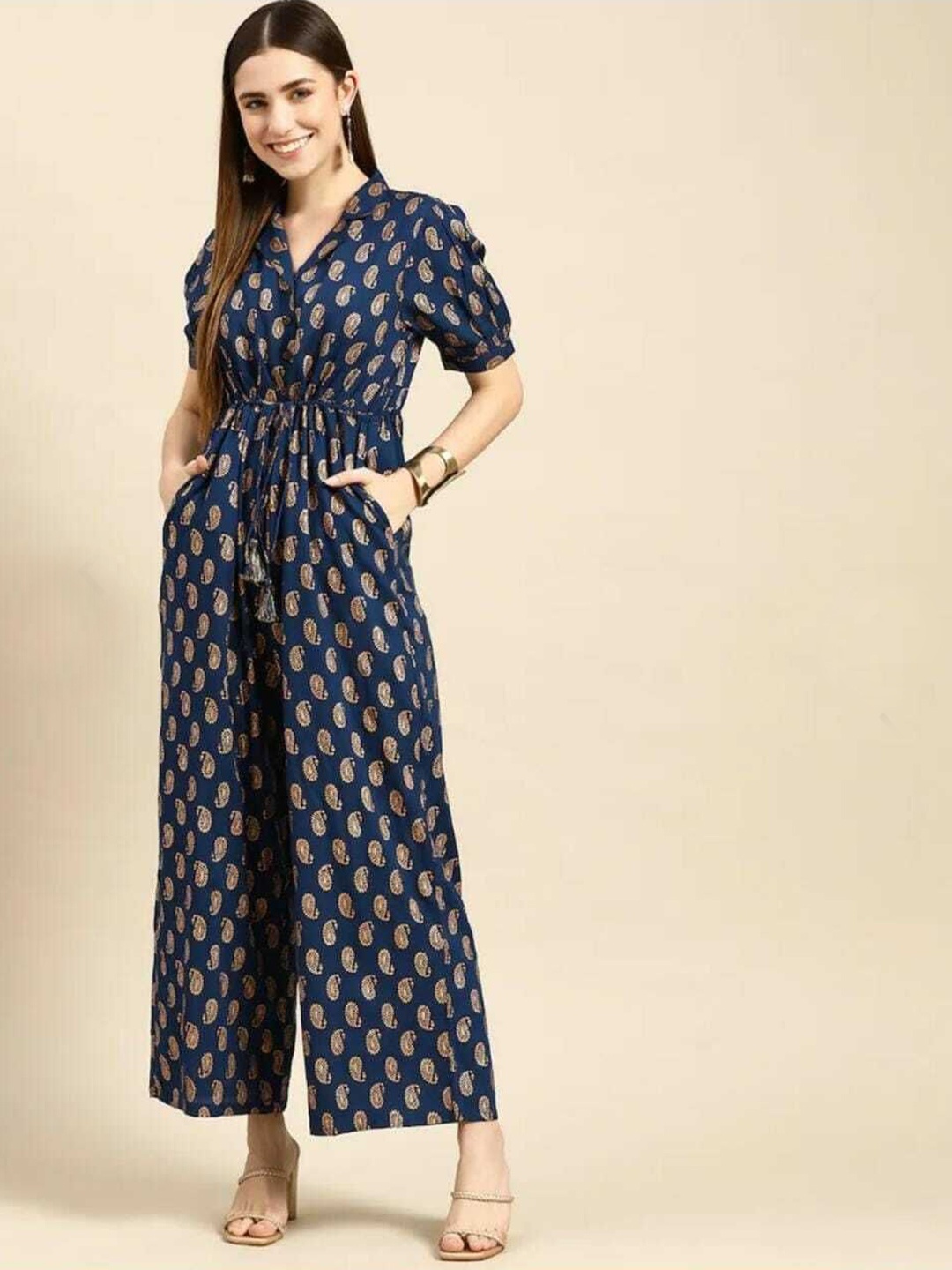 

THAWARJI Women Printed Basic Jumpsuit, Navy blue