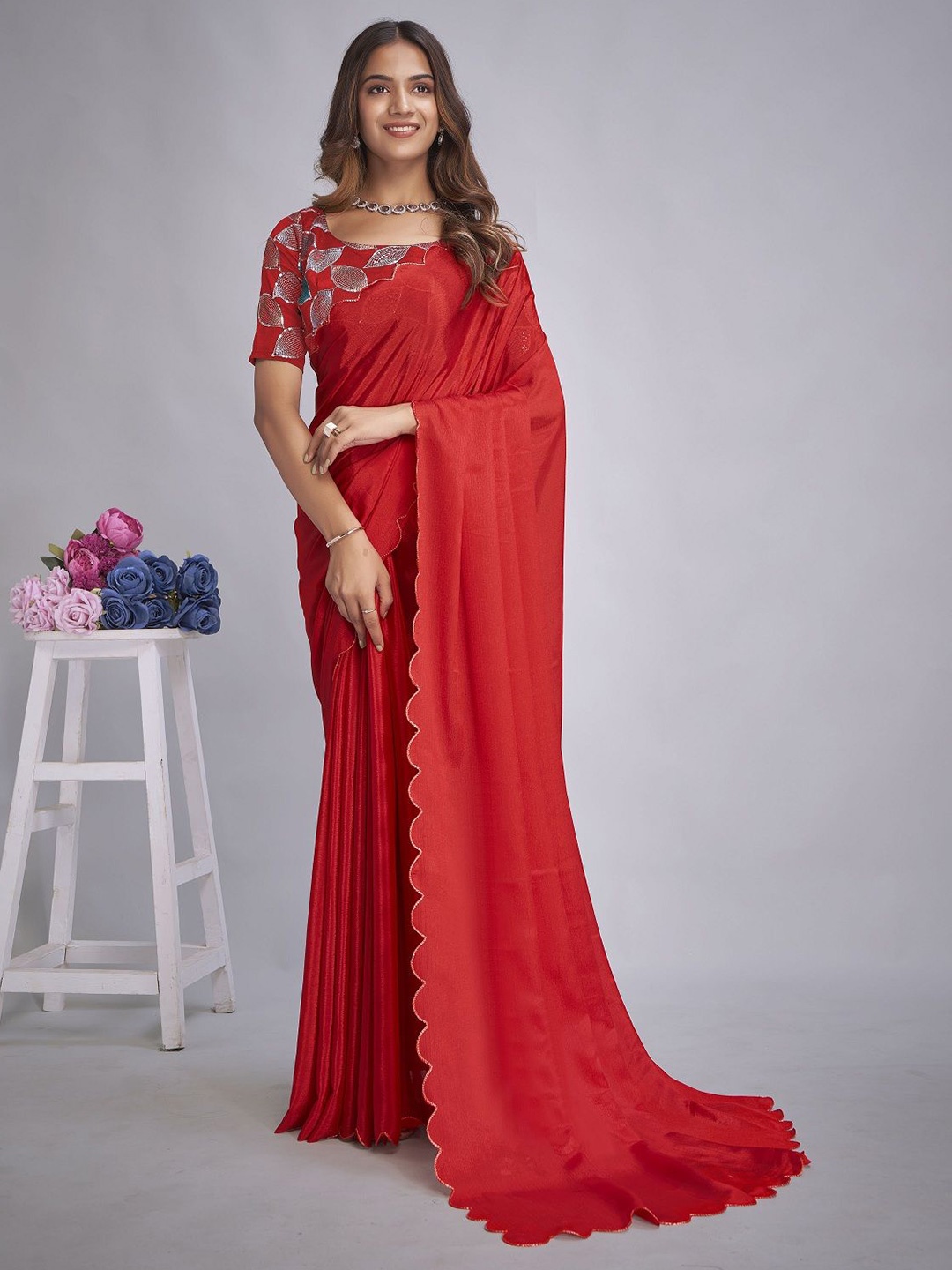 

A TO Z CART Solid Embroidered Pure Chiffon Saree, Red