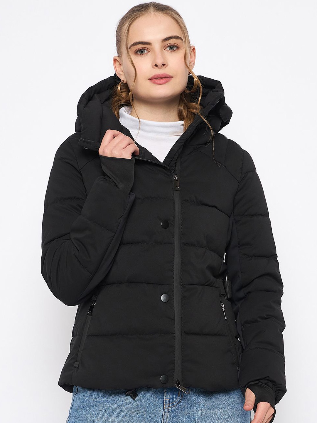 

Madame Women Polyester Longline Padded Jacket, Black