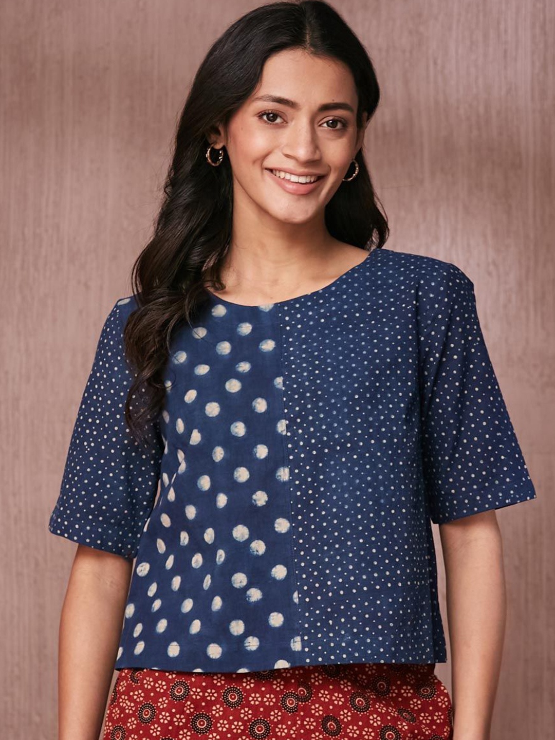 

Fabindia Women Polka Dot Cotton Crop Top, Blue