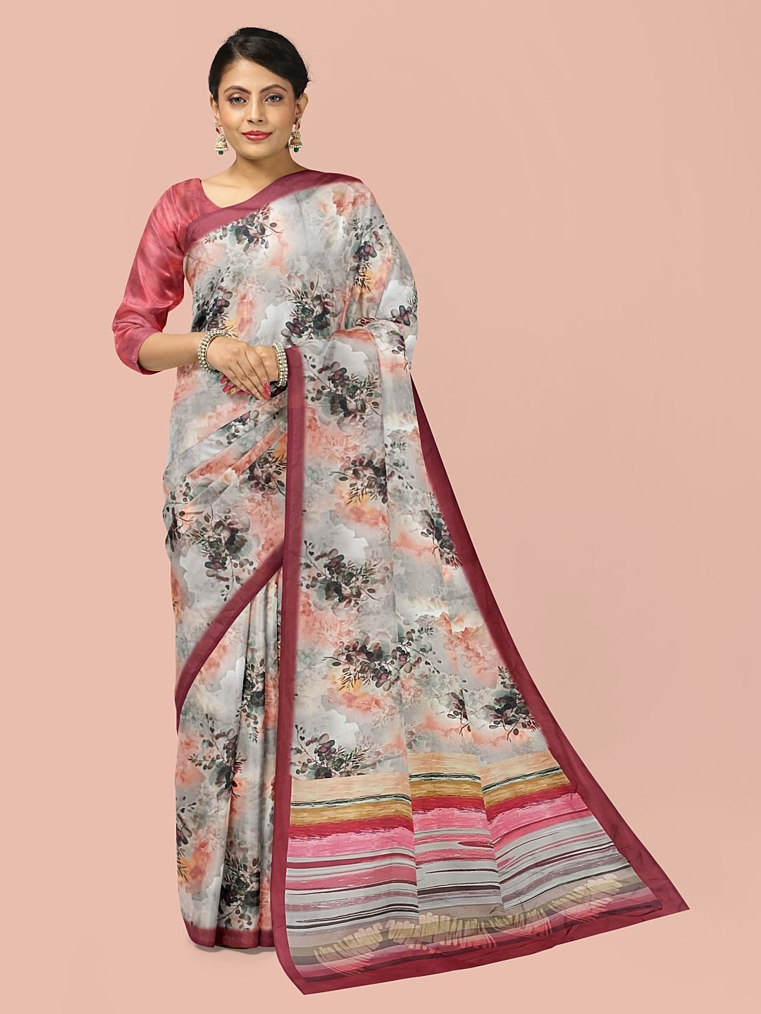 

Avyay Creation Floral Printed Saree, Silver