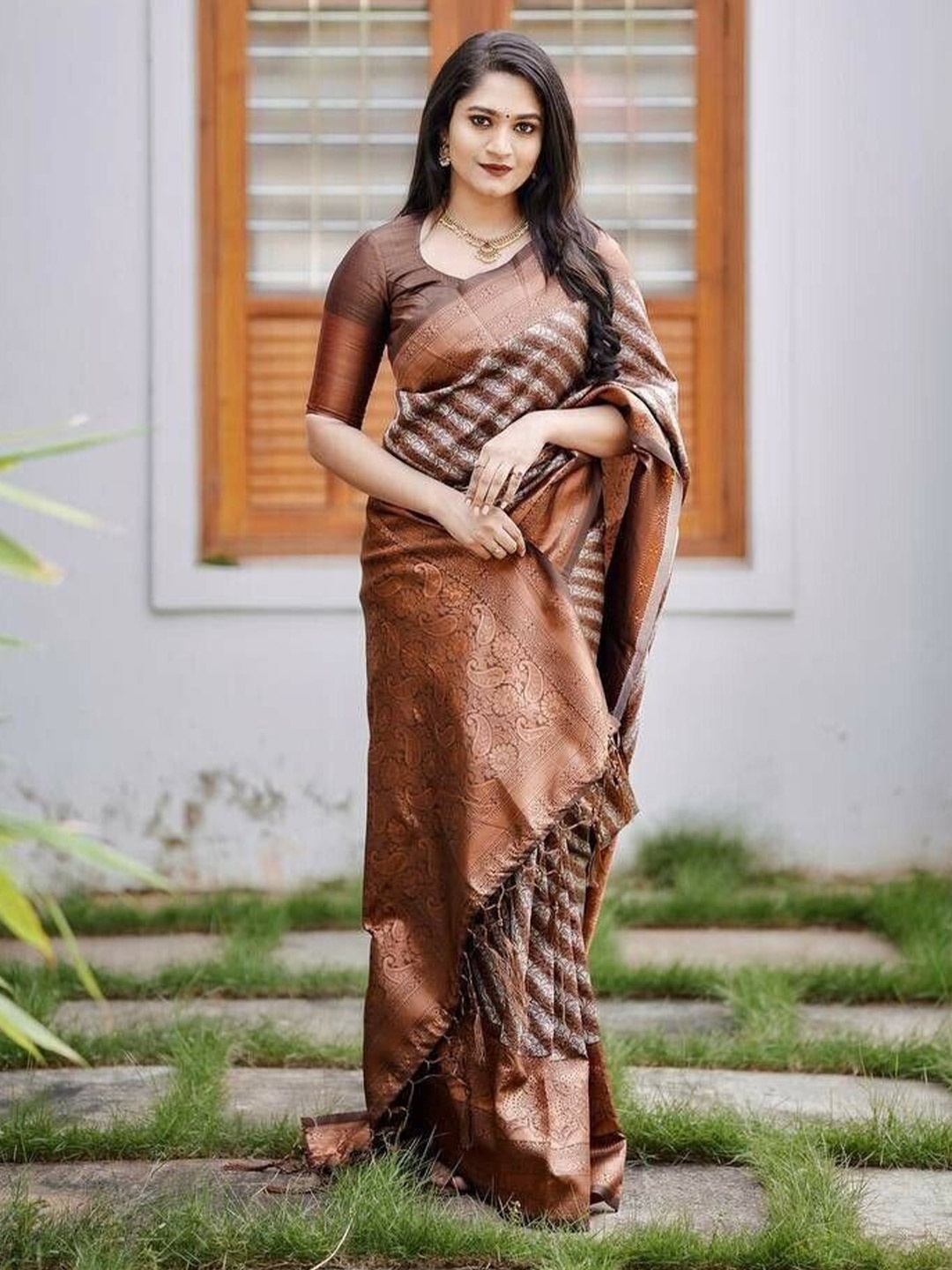 

Upalksh Striped Zari Pure Cotton Kanjeevaram Saree, Brown