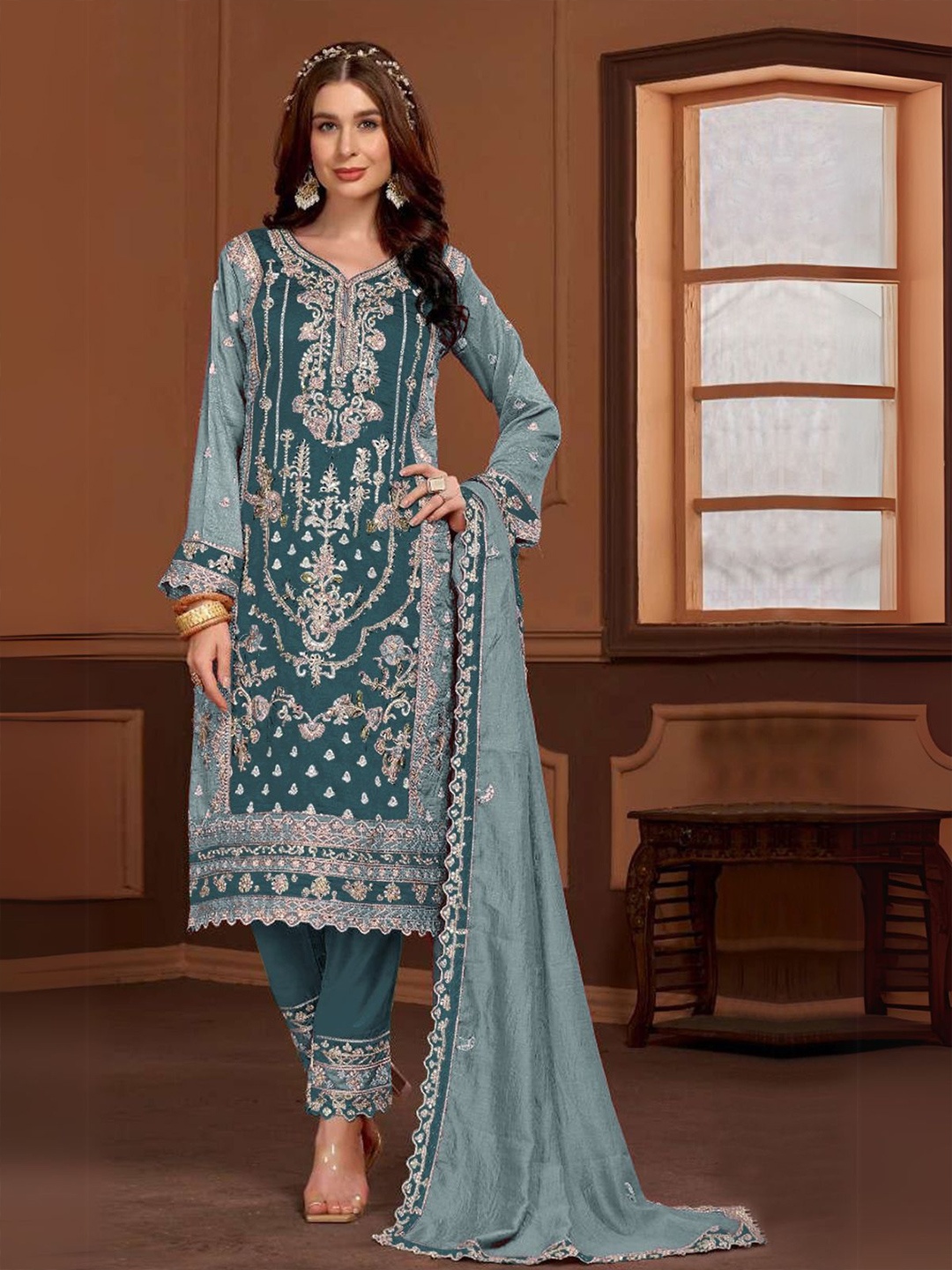 

ODETTE Floral Embroidered Sequinned Semi-Stitched Dress Material, Teal