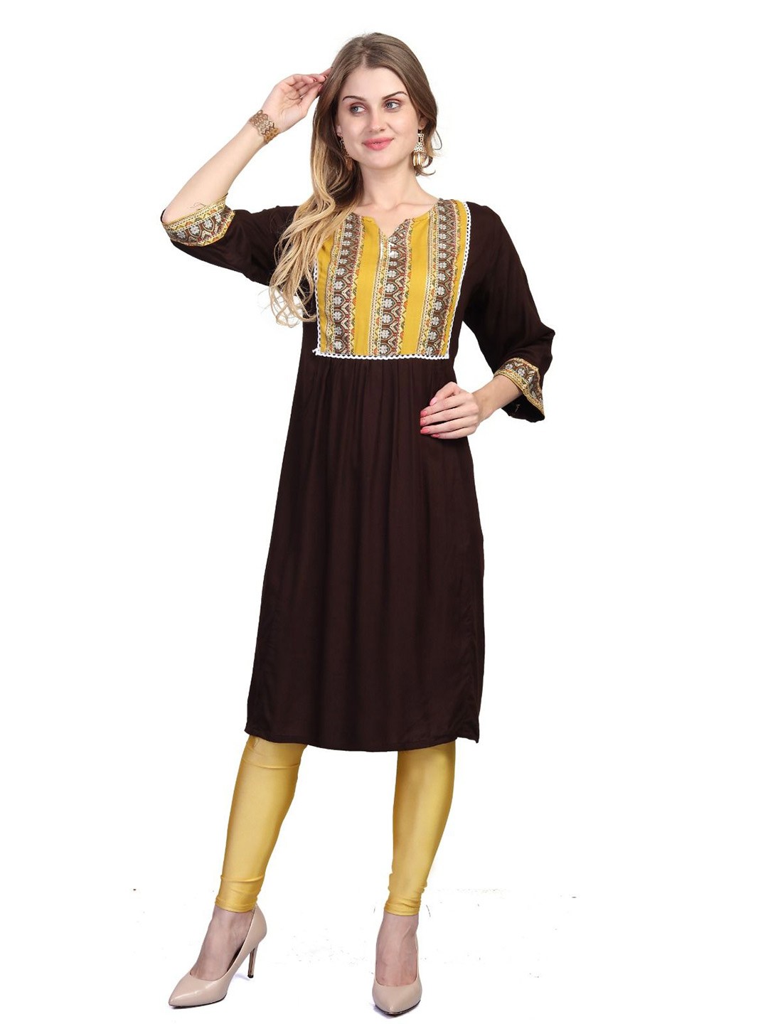 

Krimmple Women Embroidered Round Neck Straight Kurta, Coffee brown