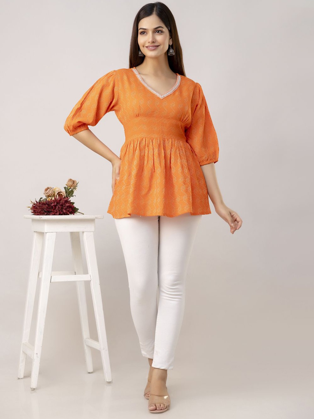 

UNIFY FASHION V-Neck Cotton Peplum Top, Orange